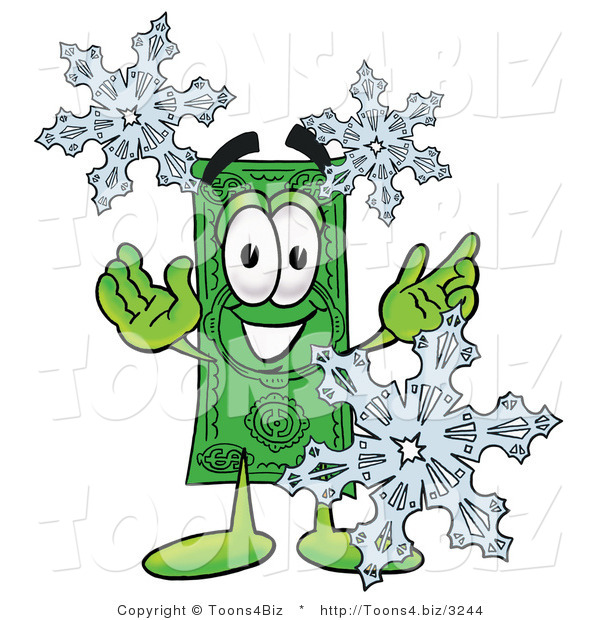 Illustration of a Cartoon Dollar Bill Mascot with Three Snowflakes in Winter