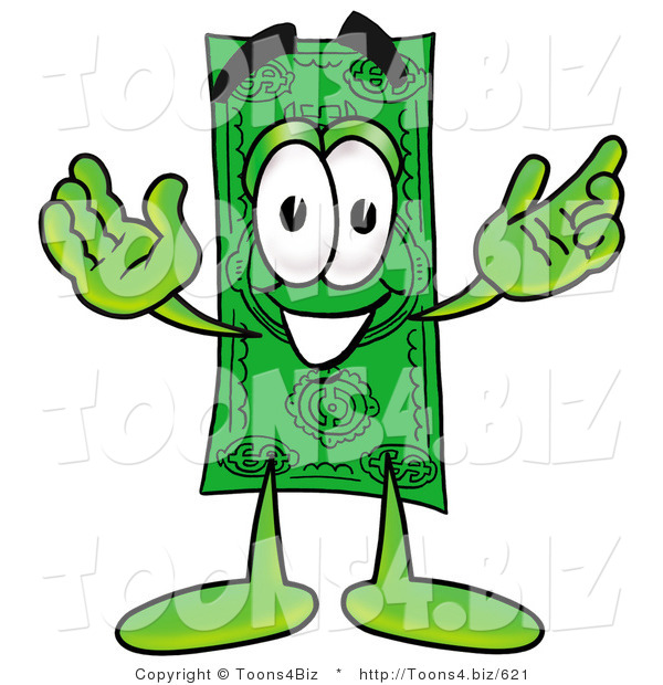 Illustration of a Cartoon Dollar Bill Mascot with Welcoming Open Arms