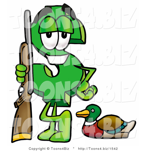 Illustration of a Cartoon Dollar Sign Mascot Duck Hunting, Standing with a Rifle and Duck