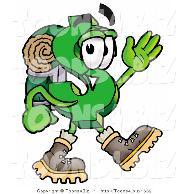 Illustration of a Cartoon Dollar Sign Mascot Hiking and Carrying a Backpack