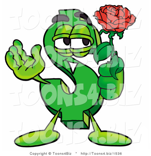 Illustration of a Cartoon Dollar Sign Mascot Holding a Red Rose on Valentines Day