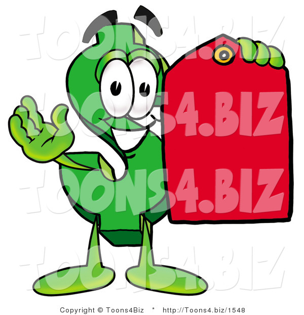Illustration of a Cartoon Dollar Sign Mascot Holding a Red Sales Price Tag