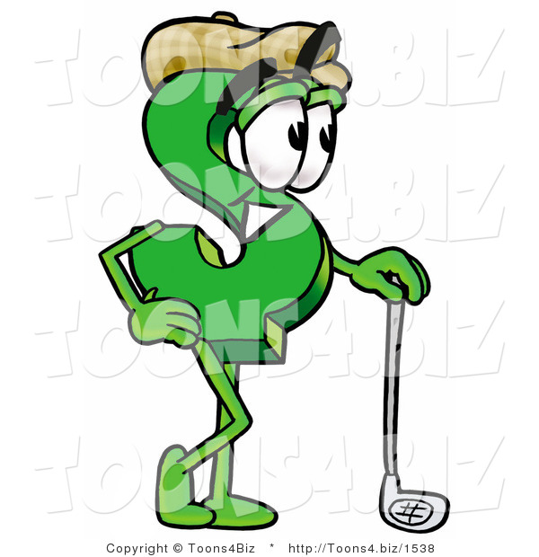 Illustration of a Cartoon Dollar Sign Mascot Leaning on a Golf Club While Golfing