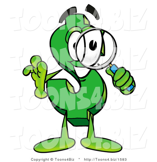 Illustration of a Cartoon Dollar Sign Mascot Looking Through a Magnifying Glass