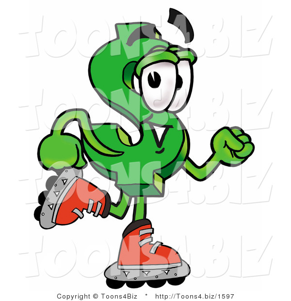 Illustration of a Cartoon Dollar Sign Mascot Roller Blading on Inline Skates