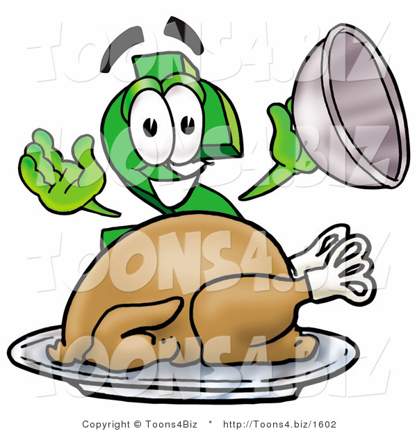 Illustration of a Cartoon Dollar Sign Mascot Serving a Thanksgiving Turkey on a Platter