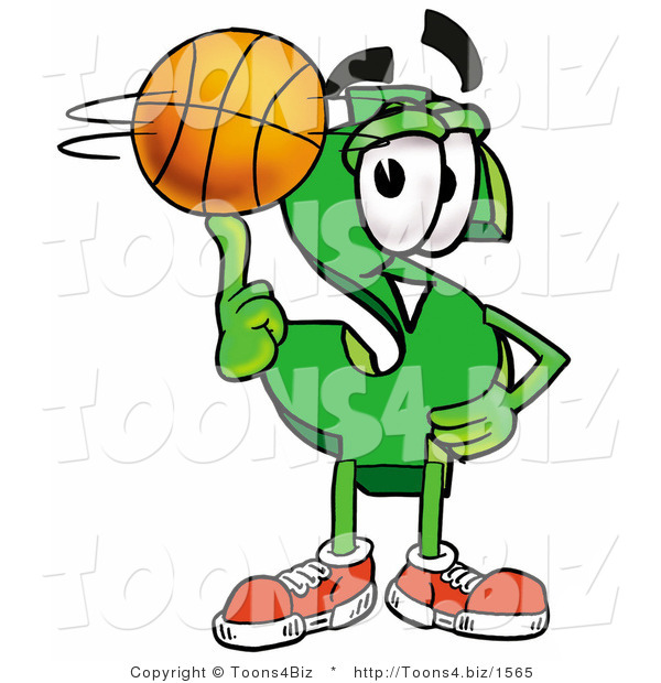 Illustration of a Cartoon Dollar Sign Mascot Spinning a Basketball on His Finger