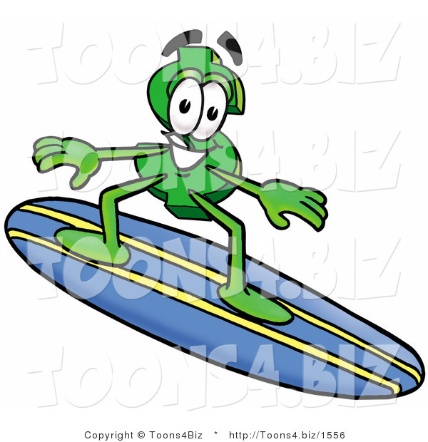 Illustration of a Cartoon Dollar Sign Mascot Surfing on a Blue and Yellow Surfboard