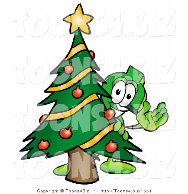 Illustration of a Cartoon Dollar Sign Mascot Waving and Standing by a Decorated Christmas Tree