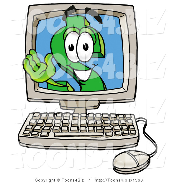 Illustration of a Cartoon Dollar Sign Mascot Waving from Inside a Computer Screen