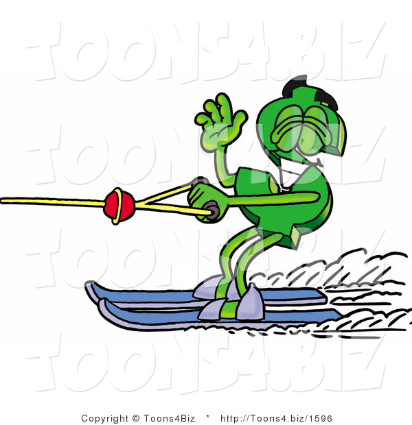 Illustration of a Cartoon Dollar Sign Mascot Waving While Water Skiing