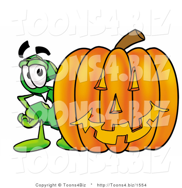 Illustration of a Cartoon Dollar Sign Mascot with a Carved Halloween Pumpkin