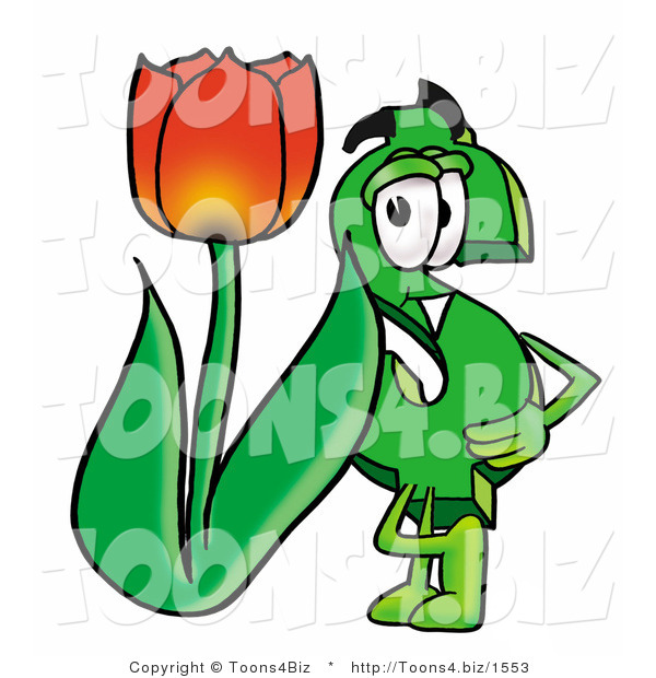 Illustration of a Cartoon Dollar Sign Mascot with a Red Tulip Flower in the Spring