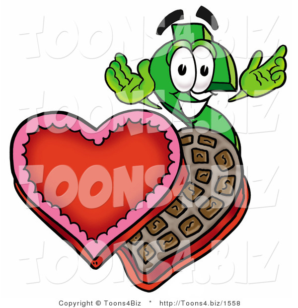 Illustration of a Cartoon Dollar Sign Mascot with an Open Box of Valentines Day Chocolate Candies