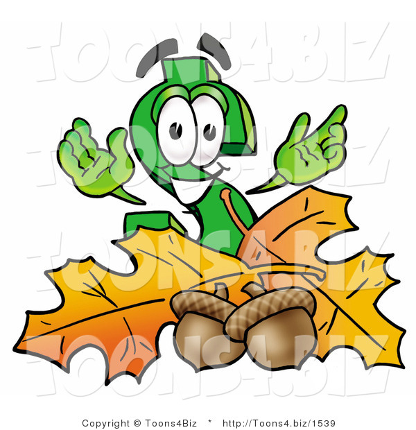 Illustration of a Cartoon Dollar Sign Mascot with Autumn Leaves and Acorns in the Fall