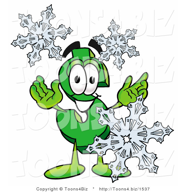 Illustration of a Cartoon Dollar Sign Mascot with Three Snowflakes in Winter