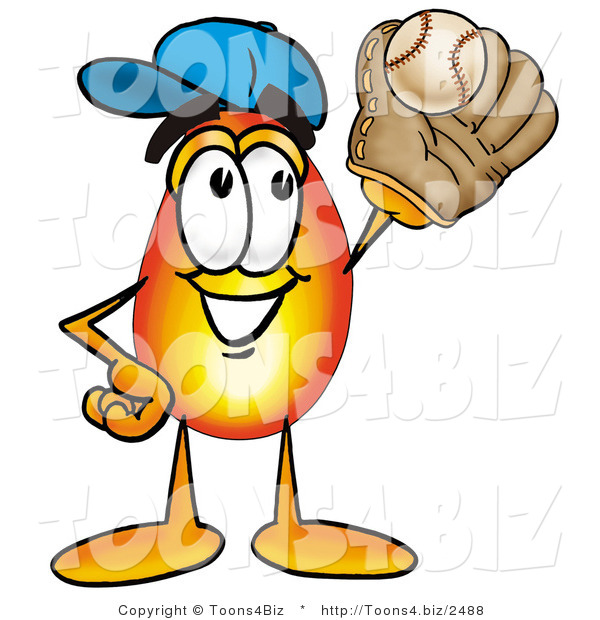 Illustration of a Cartoon Fire Droplet Mascot Catching a Baseball with a Glove