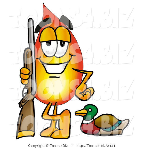 Illustration of a Cartoon Fire Droplet Mascot Duck Hunting, Standing with a Rifle and Duck