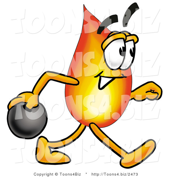 Illustration of a Cartoon Fire Droplet Mascot Holding a Bowling Ball