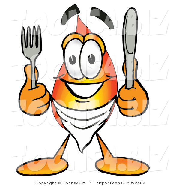 Illustration of a Cartoon Fire Droplet Mascot Holding a Knife and Fork