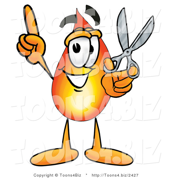 Illustration of a Cartoon Fire Droplet Mascot Holding a Pair of Scissors