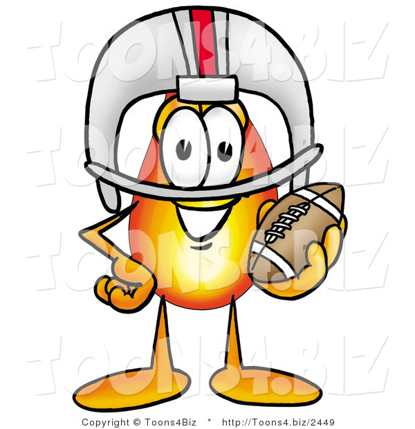 Illustration of a Cartoon Fire Droplet Mascot in a Helmet, Holding a Football