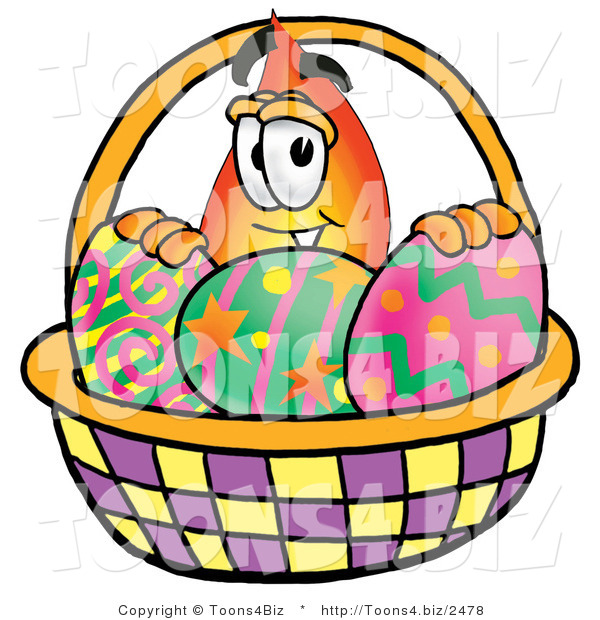 Illustration of a Cartoon Fire Droplet Mascot in an Easter Basket Full of Decorated Easter Eggs