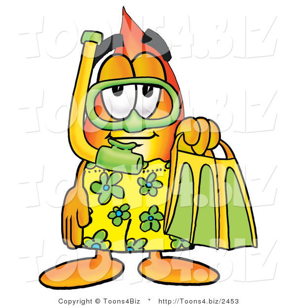 Illustration of a Cartoon Fire Droplet Mascot in Green and Yellow Snorkel Gear