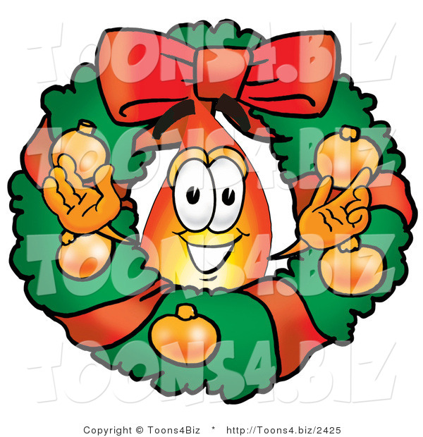 Illustration of a Cartoon Fire Droplet Mascot in the Center of a Christmas Wreath