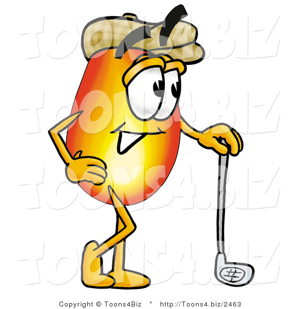 Illustration of a Cartoon Fire Droplet Mascot Leaning on a Golf Club While Golfing