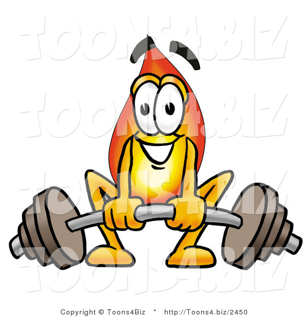 Illustration of a Cartoon Fire Droplet Mascot Lifting a Heavy Barbell