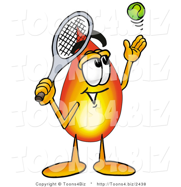 Illustration of a Cartoon Fire Droplet Mascot Preparing to Hit a Tennis Ball