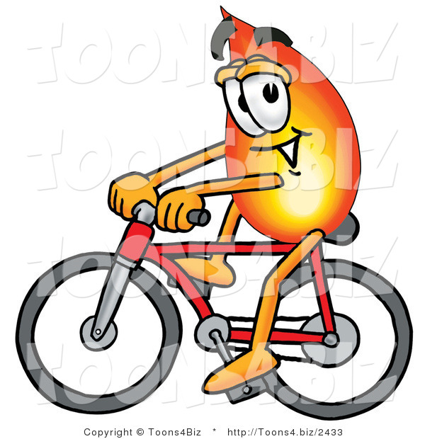 Illustration of a Cartoon Fire Droplet Mascot Riding a Bicycle