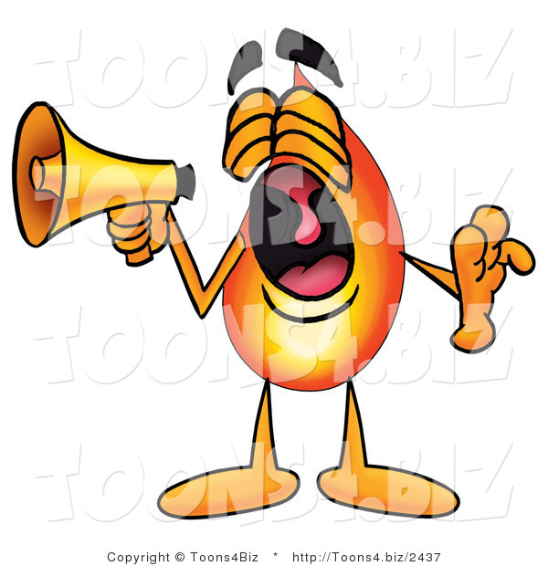 Illustration of a Cartoon Fire Droplet Mascot Screaming into a Megaphone