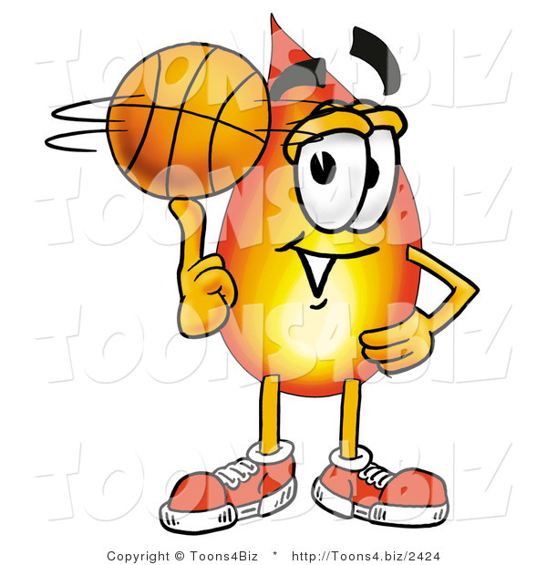 Illustration of a Cartoon Fire Droplet Mascot Spinning a Basketball on His Finger