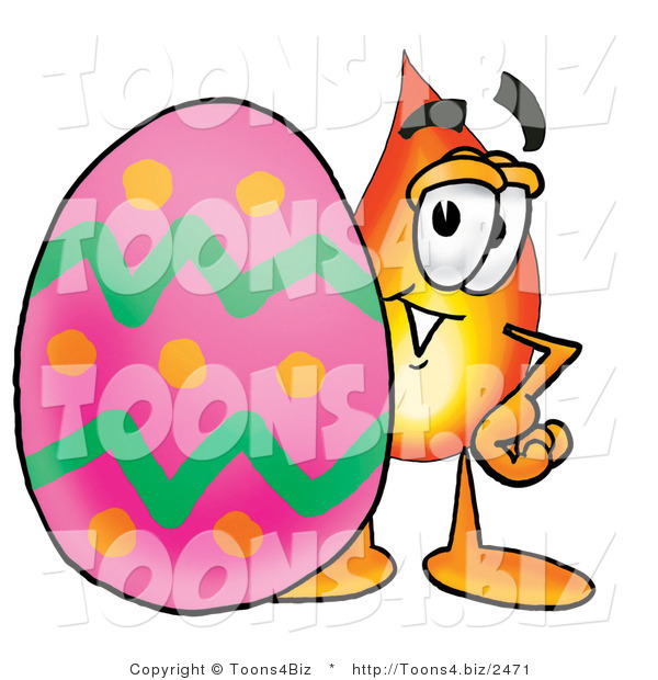 Illustration of a Cartoon Fire Droplet Mascot Standing Beside an Easter Egg