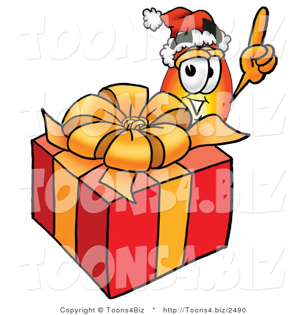 Illustration of a Cartoon Fire Droplet Mascot Standing by a Christmas Present