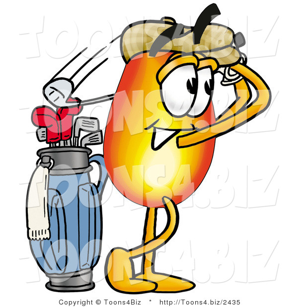 Illustration of a Cartoon Fire Droplet Mascot Swinging His Golf Club While Golfing