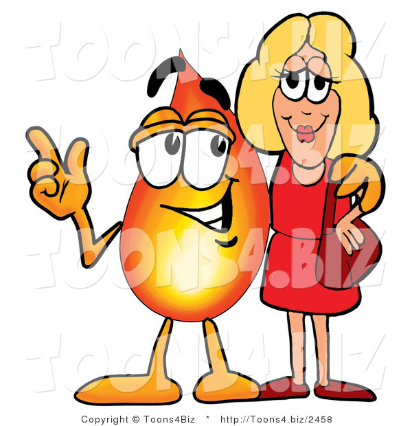 Illustration of a Cartoon Fire Droplet Mascot Talking to a Pretty Blond Woman