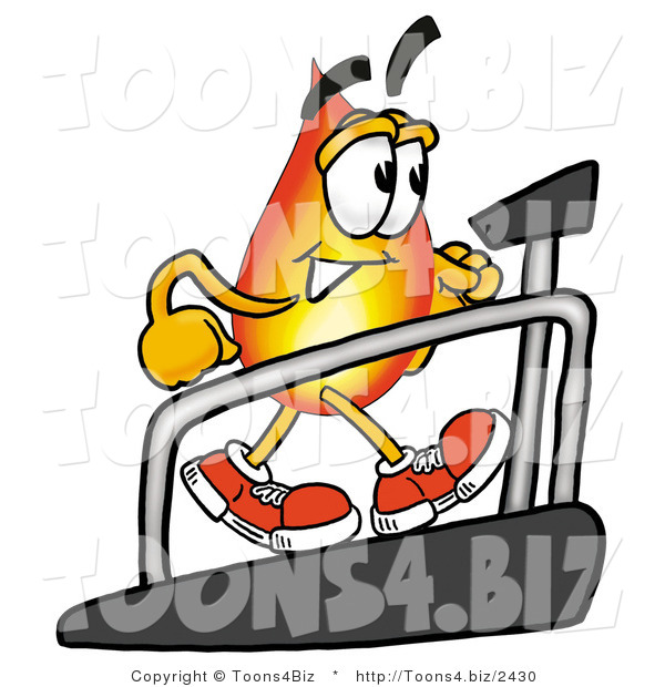 Illustration of a Cartoon Fire Droplet Mascot Walking on a Treadmill in a Fitness Gym