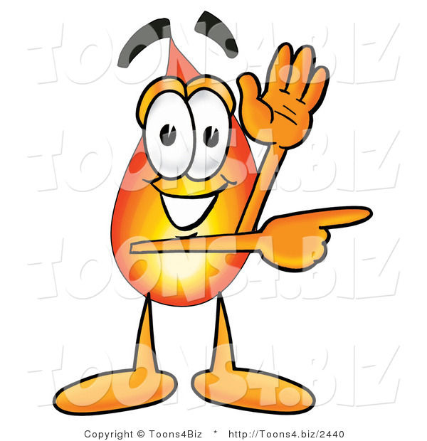 Illustration of a Cartoon Fire Droplet Mascot Waving and Pointing