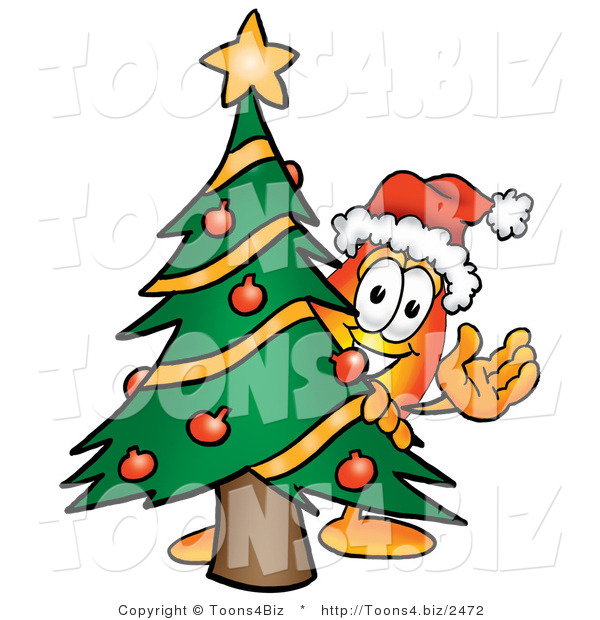 Illustration of a Cartoon Fire Droplet Mascot Waving and Standing by a Decorated Christmas Tree