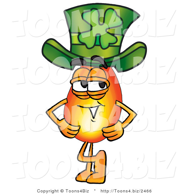 Illustration of a Cartoon Fire Droplet Mascot Wearing a Saint Patricks Day Hat with a Clover on It