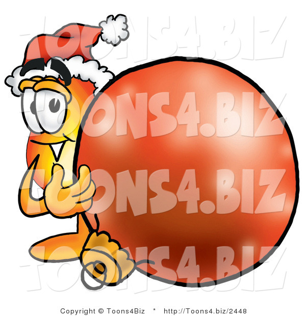 Illustration of a Cartoon Fire Droplet Mascot Wearing a Santa Hat, Standing with a Christmas Bauble