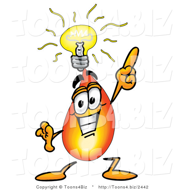 Illustration of a Cartoon Fire Droplet Mascot with a Bright Idea