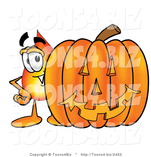 Illustration of a Cartoon Fire Droplet Mascot with a Carved Halloween Pumpkin