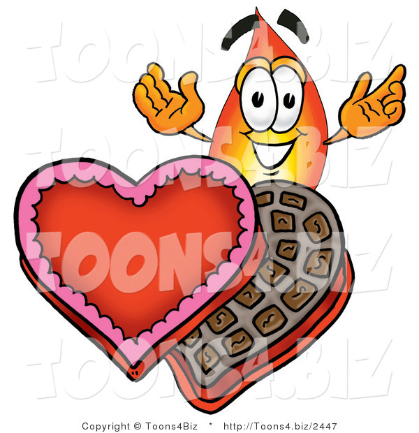 Illustration of a Cartoon Fire Droplet Mascot with an Open Box of Valentines Day Chocolate Candies