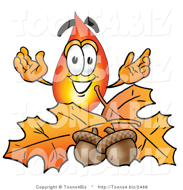 Illustration of a Cartoon Fire Droplet Mascot with Autumn Leaves and Acorns in the Fall