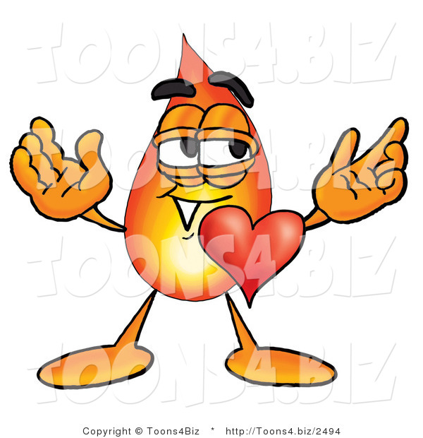 Illustration of a Cartoon Fire Droplet Mascot with His Heart Beating out of His Chest