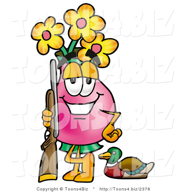 Illustration of a Cartoon Flowers Mascot Duck Hunting, Standing with a Rifle and Duck